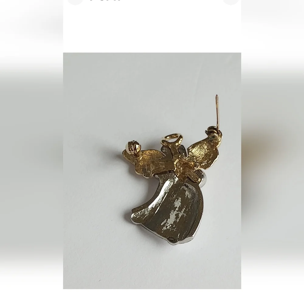 Vtg Signed LC Liz Claiborne Two Toned Angel Holding Purple Crystal Heart Brooch - Picture 7 of 11